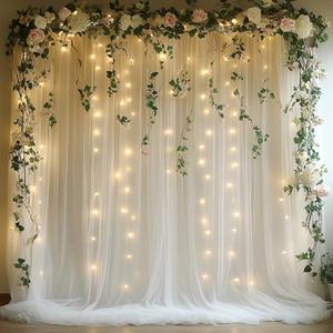 Patioman 10x10ft White Tulle Backdrop Curtain with String Lights, Wrinkle-Free Sheer Wedding Backdrop for Birthday Parties, Baby Showers, Bridal Showers, Photo Shoots and Home Decorations, White