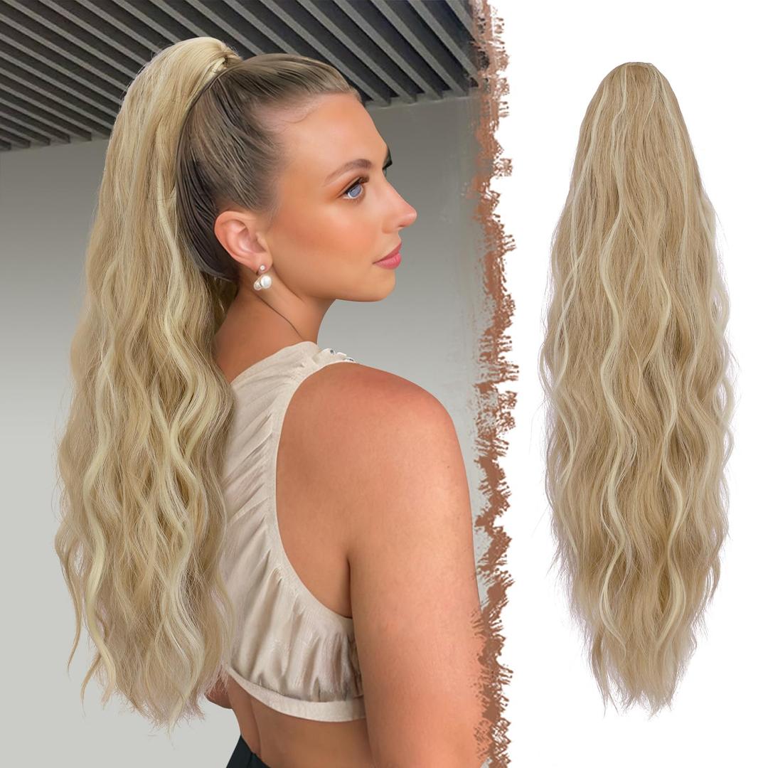 FESHFEN Ponytail Extensions, Long Claw Clip in Ponytail Hairpiece Synthetic Pony Tails Hair Piece Natural Wavy Hairpieces for Women, Dirty Blonde 25 inch