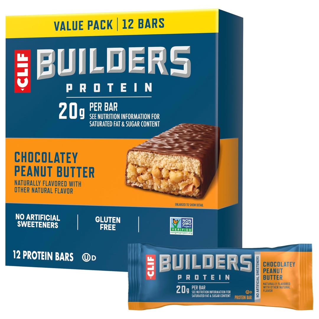 CLIF BUILDERS Protein Bars - Chocolate Peanut Butter Flavor - 20g Plant Based Protein - Gluten Free - Non-GMO - Low Glycemic - No Artificial Sweeteners - Value Pack, 2.4 oz. (12 Count) Pack of 4 By 26 JUL 2026