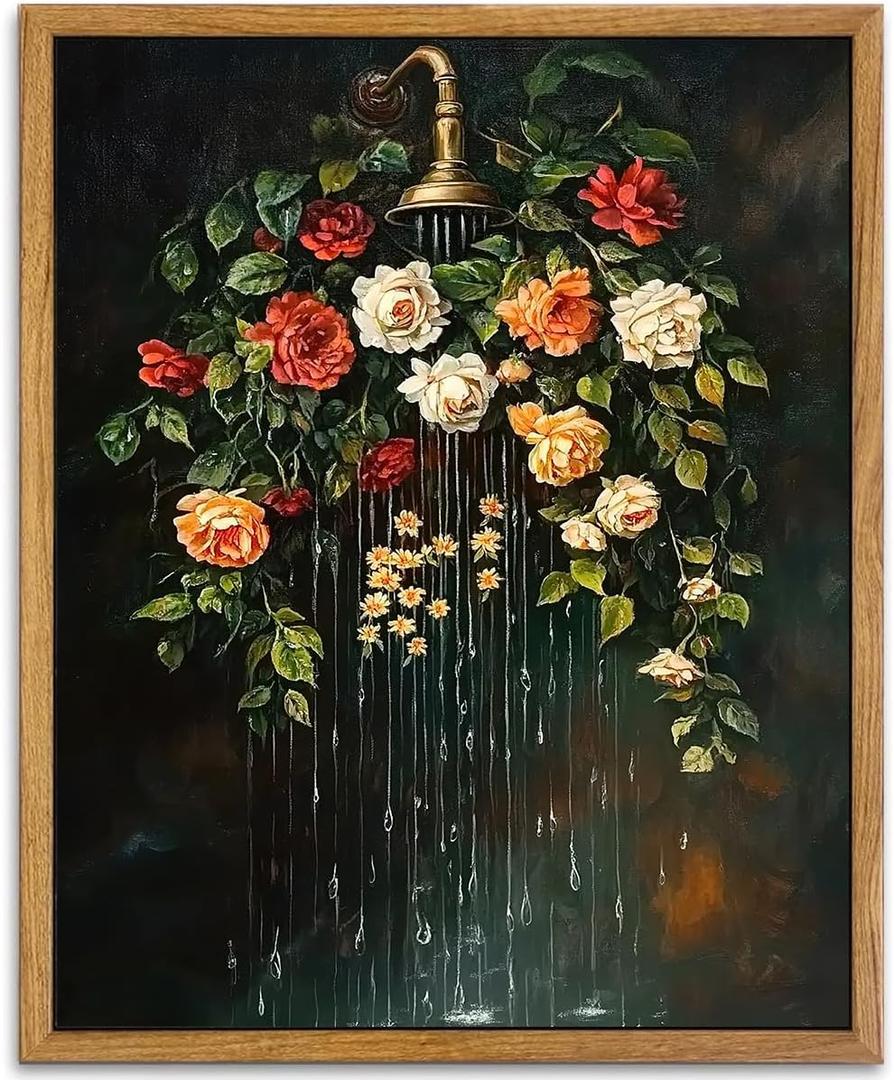 AtterrirArt Vintage Bathroom Framed Wall Art, Moody Botanical Canvas Print, Rain Shower Wall Decor, Floral Farmhouse Wall Decor, Ready To Hang, 12 * 16 Inch