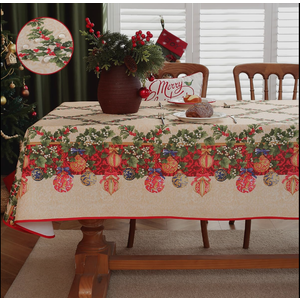 Christmas Tablecloth Rectangle 60x120 Inch Red Holly Berry Ornament Ball Waterproof Durable Vintage Santa Table Cloth, Xmas Table Cover for Holiday, Winter, Farmhouse Party, Beige