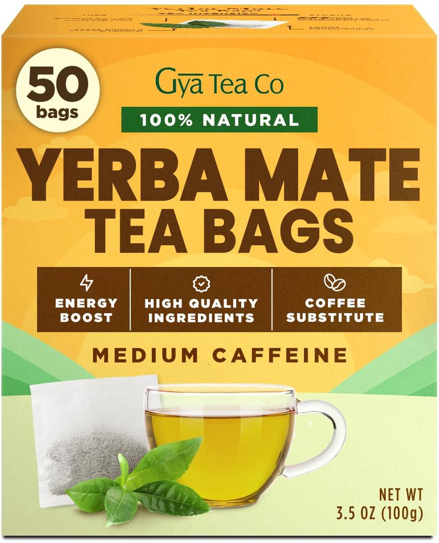Gya Tea Co Yerba Mate Tea Bags (50 Bags) - Caffeinated with a Smooth Flavor for Workday - Recharge Yourself with Every Sip - Fruit & Herbal Blends