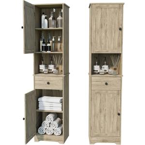 Viaozutis Tall Bathroom Cabinet, Storage Cabinet with 2 Doors & 2Drawer, with Ajustable Shelve, for Bathrooms, Kitchens,Entrances,BedroomsGrey, W14.96 x D11.61 x H63.38 inches