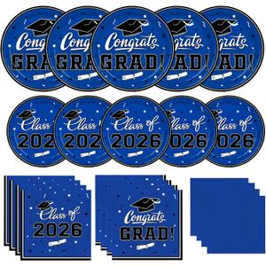 Gatherfun Graduation decorations 2026 Graduation Plates and Napkins Blue Disposable Paper Plates Luncheon Napkins Cocktail Napkins for Congrats Grad Party Decorations, Serve 50