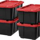 IRIS USA 27 Gallon (4Pack) Heavy Duty Storage Bins with Lids, Snap On Lid Stackable Industrial Totes, Rugged Tubs, Garage Organization, Reusable - Total 8 Units - Black/Red