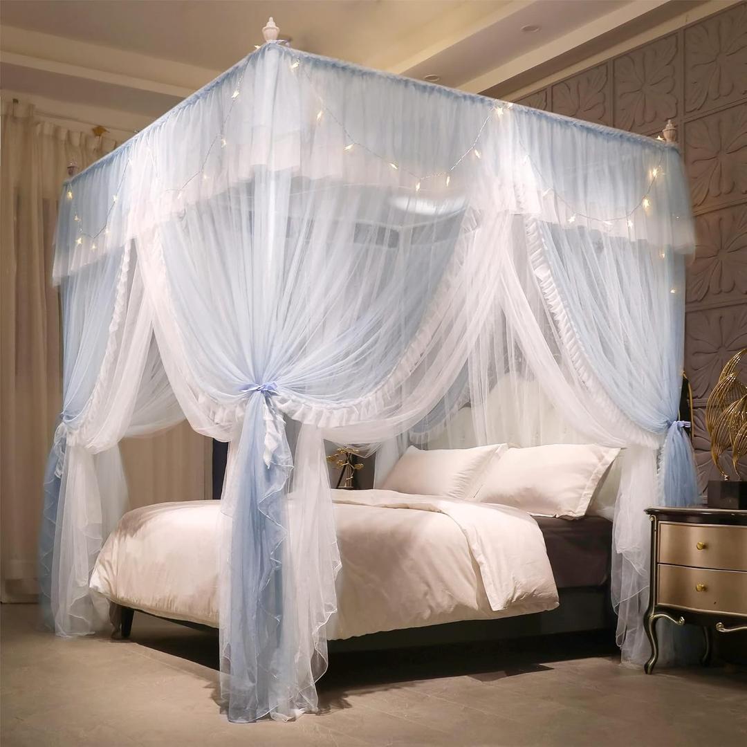 VETHIN 4 Corners Post Ruffle Princess Bed Canopy Curtain-Double Layer Cozy Drape Netting 4 Opening Mosquito Net for Girls Adults Bedroom Decoration (Gray/White,59" W*82" L*82"*H/Queen)