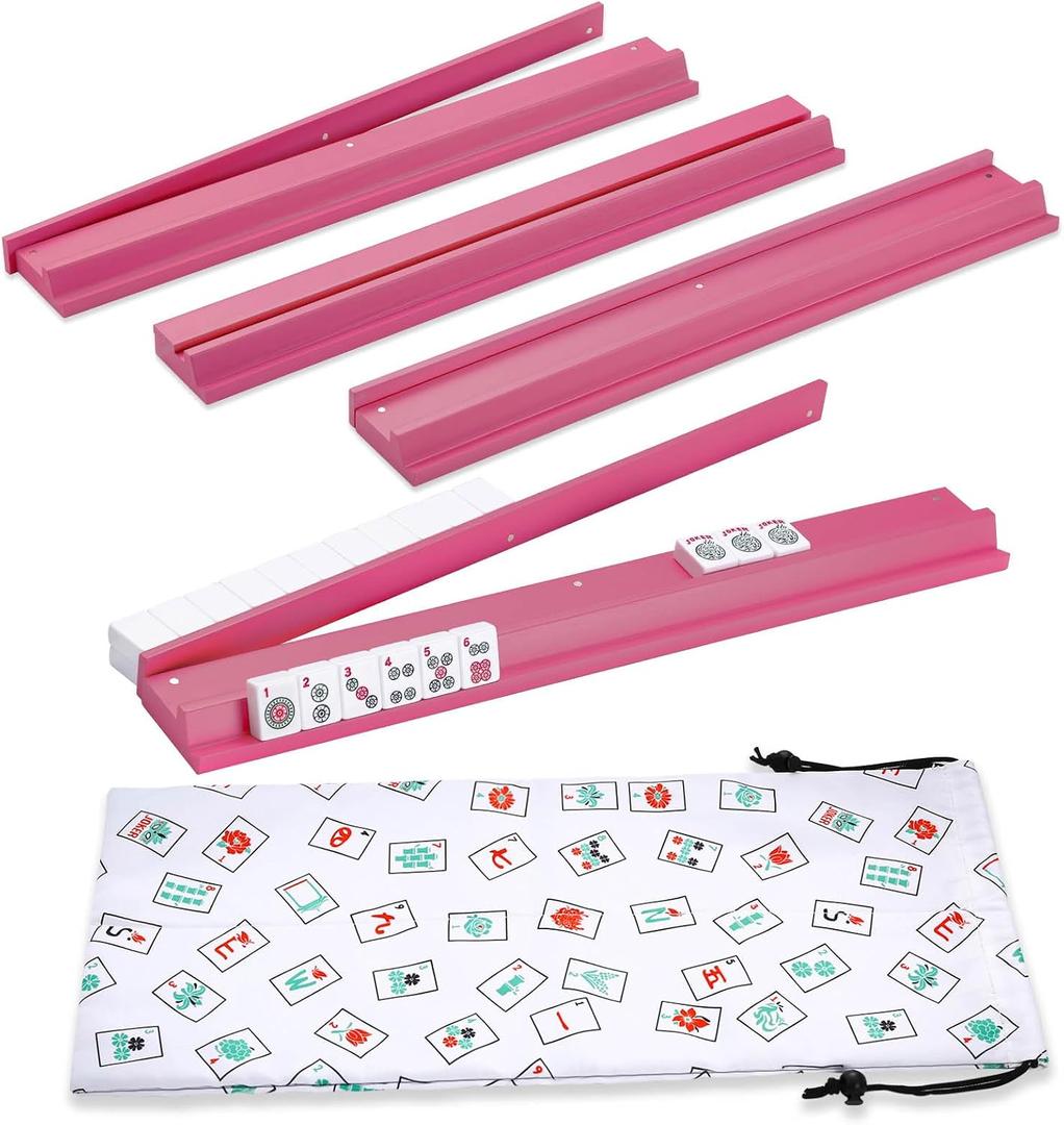 50cm Mahjong Racks with Pushers, Wooden American Mahjong Tile Pushers & Racks Set of 4, with White Printed Mahjong Racks Drawstring Bag, Mahjong Accessories, 50 x 6.5 x 2.7 cm