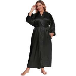 Women's Plus Size Long Satin Robes Plus Size Long Silk Robes Kimonos Sleepwear Dressing Gown (Black, XXL)