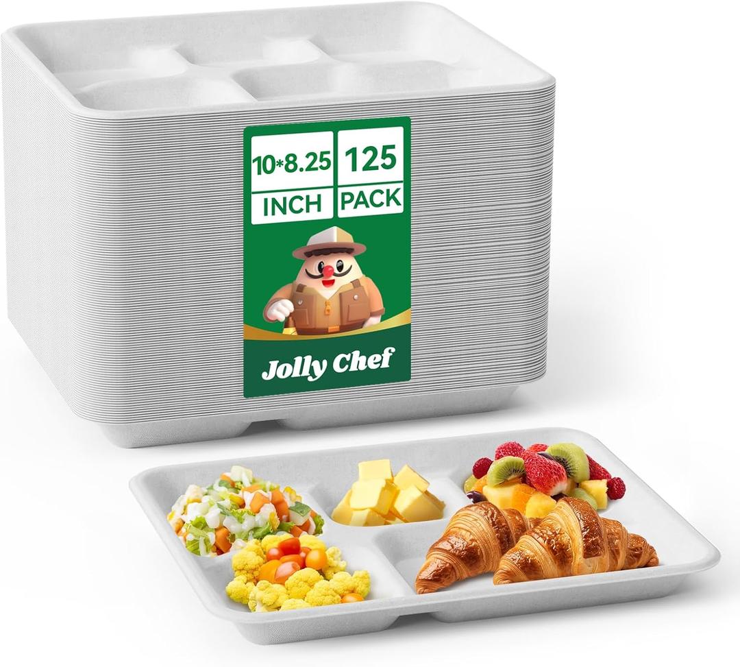 JOLLY CHEF Compostable 𝟱 Compartment Paper Plates 10*8.25*1 𝗶𝗻𝗰𝗵 [𝟭𝟮𝟱 𝗣𝗮𝗰𝗸] Small Heavy Duty Divided Disposable White Eco-Friendly Biodegradable Container Food Tray for School Lunch Buffet