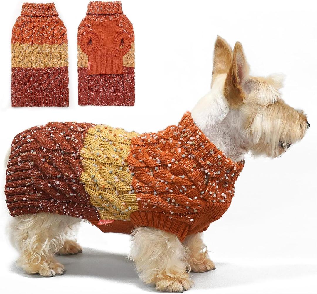 KYEESE Dog Sweaters for Small Dogs Male Color Block Pet Sweater with Fuzzy Thread Knitted Small Dog Sweater Turtleneck Pet Sweater Fall Winter Dogs Clothes, Brown, M (Medium (10-17lbs))