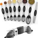 ChefAide Pack of 8 Stainless Steel Magnetic Measuring Spoons Set, Dual Sided, Stackable, Adjustable Teaspoon and Tablespoon Measure Spoon with Leveler, Kitchen Gadgets Set 5 (Black)