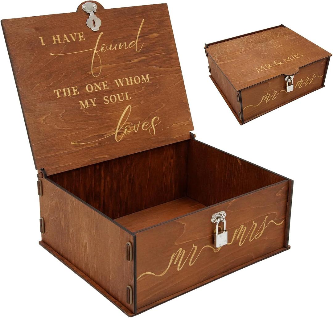 OurWarm Wedding Keepsake Box with Lock, Large Wooden Memory Box for Keepsakes, Wood Decorative Photo Storage Boxes with Lids, Mr and Mrs Personalized Anniversary Engagement Gifts for Couples