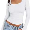 Trendy Queen Womens Long Sleeve Shirts Crop Tops Square Neck Going Out Basics Tees Y2K Winter Clothes 2025 (Small, White)