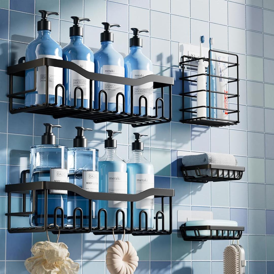 5-Pack Rustproof Stainless Steel Shower Caddy Set  No Drill Adhesive Bathroom Organizer, Space-Saving Shower Shelves for Apartment Essentials, Bathroom/Kitchen Storage & Rent-Friendly Home Decor (Black)