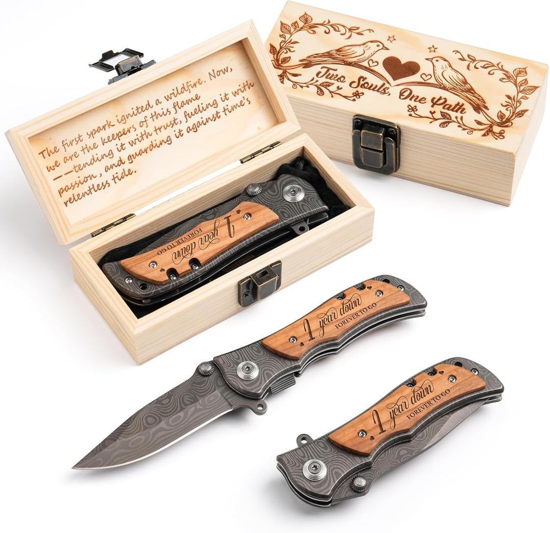 1st Paper Anniversary Pocket Knife for Him, Engraved 3.3" EDC & Outdoor Folding Knife with Elegant Gift Box, Olive Wood Handle Personalized Keepsake for Husband, Boyfriend, Ideal for Camping, Hiking