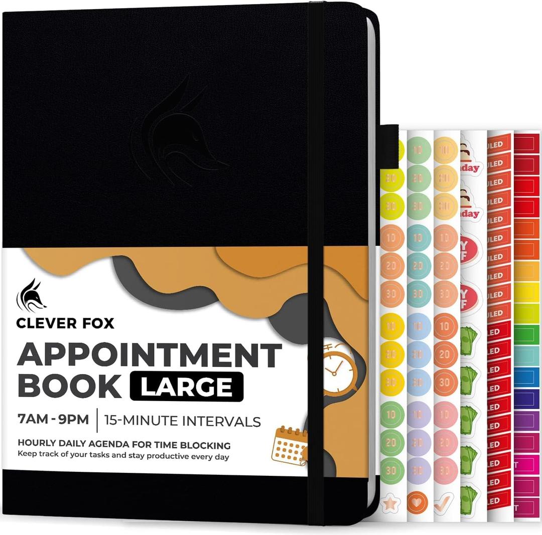 Clever Fox Appointment Book  Hourly Schedule Planner with 15-Minute Increments  Time Box Planner for Daily Work & To-Dos  Weekly & Monthly Spreads, Undated, Hardcover, 8.3x11 (Black)