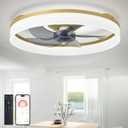 DLLT LED Ceiling Fan with Light: 20" Modern Low Profile Flush Mount Fandelier with App & Remote Control - Dimmable Gold Bladeless Fan Light Fixture for Bedroom Kids Room Living Room