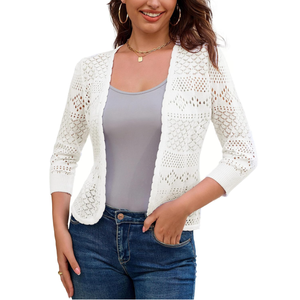 GRACE KARIN Women's 3/4 Sleeve Open Front Cropped Cardigan Summer Lightweight Hollow Out Knit Shrug M