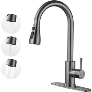 Kitchen Faucet with Pull Down SprayerStainless Steel Single Handle Kitchen Faucet1/3 Hole, Deck Plate IncludedSuitable for farmhouses, Campers, Laundry Rooms, RVs, and Bars (Gun Gray)
