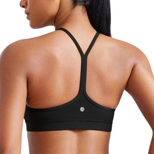 CRZ YOGA Butterluxe Womens Y Back Sports Bra - Padded Racerback Low Impact Spaghetti Thin Strap Workout Yoga Top (Medium, Black)