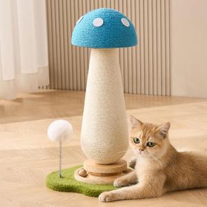 Mushroom Cat Scratching Post Cat Tree, 21.5 H Cute Cat Scratcher Tower with Durable Solid Wood Turntable Toy, Mushroom Scratch Post Cat Sisal Scratcher with Catnip for Indoor Adult Cats-Blue