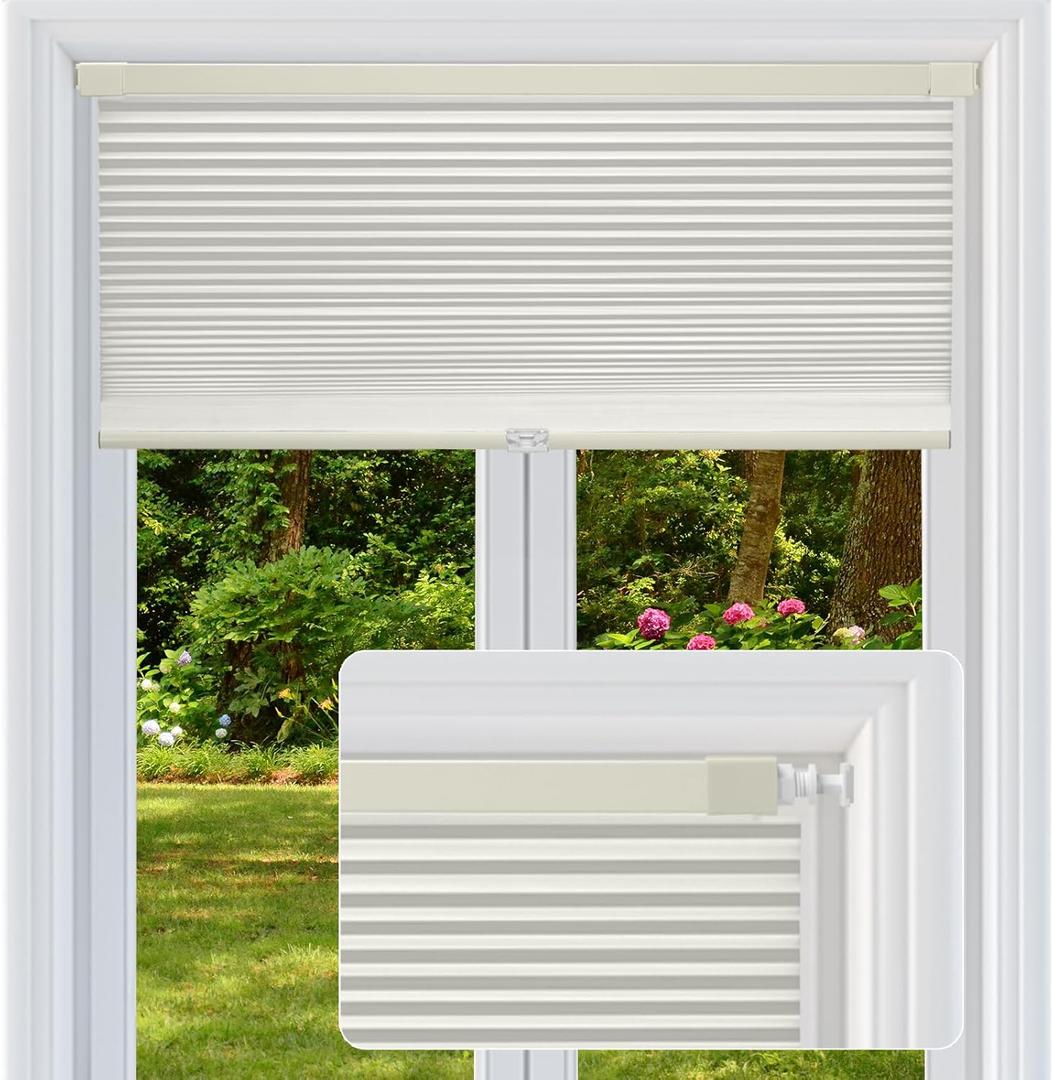 Cordless Cellular Shades, No Drill No Tools Light Filtering Honeycomb Shades, Pleated Blinds for Windows, Easy to Install, Light Cream 34" W x 48" H