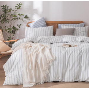 BESTOUCH Duvet Cover Set 100% Washed Cotton Linen Feel Super Soft Comfortable Chic Lightweight 3 PCs Home Bedding Set White & Cornflower Blue Stripes Queen 