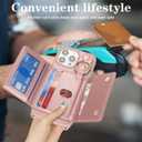 for iPhone 16 Pro Max Case with Card Holder and Strap for Women,Crossbody Lanyard, Make Up Mirror,Ring Stand,Snap Clasp,Cute Phone Wallet Cases 6.9 inch - Dark Rose Gold