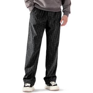 Mens Corduroy Casual Pants Warm Straight Leg Loose Fit with Pockets Drawstring Elastic Waist Vintage Sweatpants Baggy (Medium, Black Marbled Stripe)