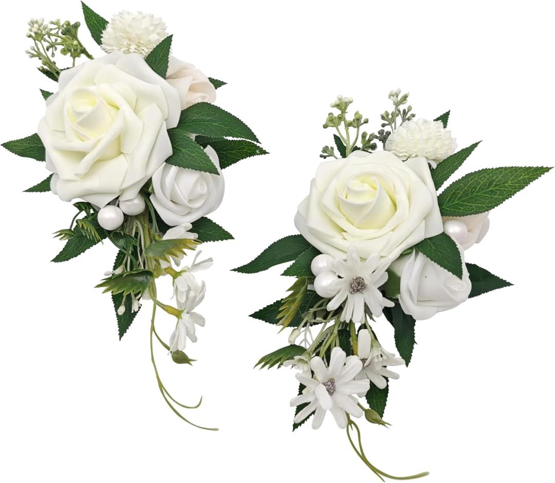 2pcs Artificial Flower Shoulder Corsages for Wedding, Mother of The Bride Corsage, Party Prom Corsages for Ceremony Anniversary Party Home Decor (White)