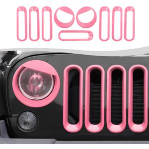 Grille Grill Insert+Headlight Turn Light Cover Trim Fit for 2007-2018 Jeep Wrangler JK JKU,Pink Style A