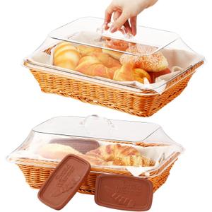 LemonRoad 14 x 10 x 6 Inch Bread Warmer Basket with Stone Sets Includes 1 Linen Towel 2 Bread Basket with Lid 3 Clay Warmer Stones for Winter Daily Camping Food Warming Housewarming Gifts