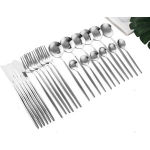 Dnalrhoi 24-Piece Silver Korean Silverware Sets Mirror Polished Stainless Steel Modern Flatware Cutlery Set Service for 6 Including Forks Spoons Knives Kitchen(Silver)