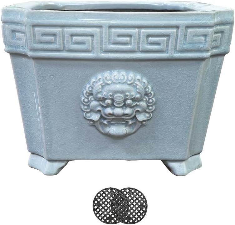 HUOMUSIR 8-Inch Large Bonsai Pot Light Blue Water Bonsai Tree Ceramic Flower Pot Handmade