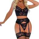 Women's Sexy Lingerie with Waist Garter Embroidered Lace Flower Bra and G-String 4 Piece Lingerie Sets (Black, S)