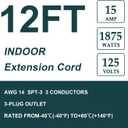 EP 12 Ft Heavy Duty Appliance Extension Cord - 14 Gauge 3 Prong Grounded Cable Wire, Ideal for Air Conditioners, Refrigerators, Microwaves, Washing Machines & More - Indoor Use, Gray (Grey)