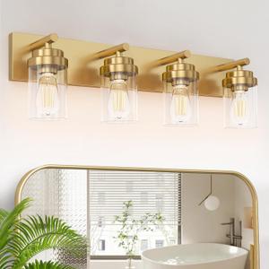 IZORRO Bathroom Vanity Light Fixture, 4-Light 30 Inch Gold Bathroom Light Fixtures Over Mirror, with Clear Glass Shade, Modern Farmhouse Vanity Lights, Rustic Restroom Lighting Fixtures