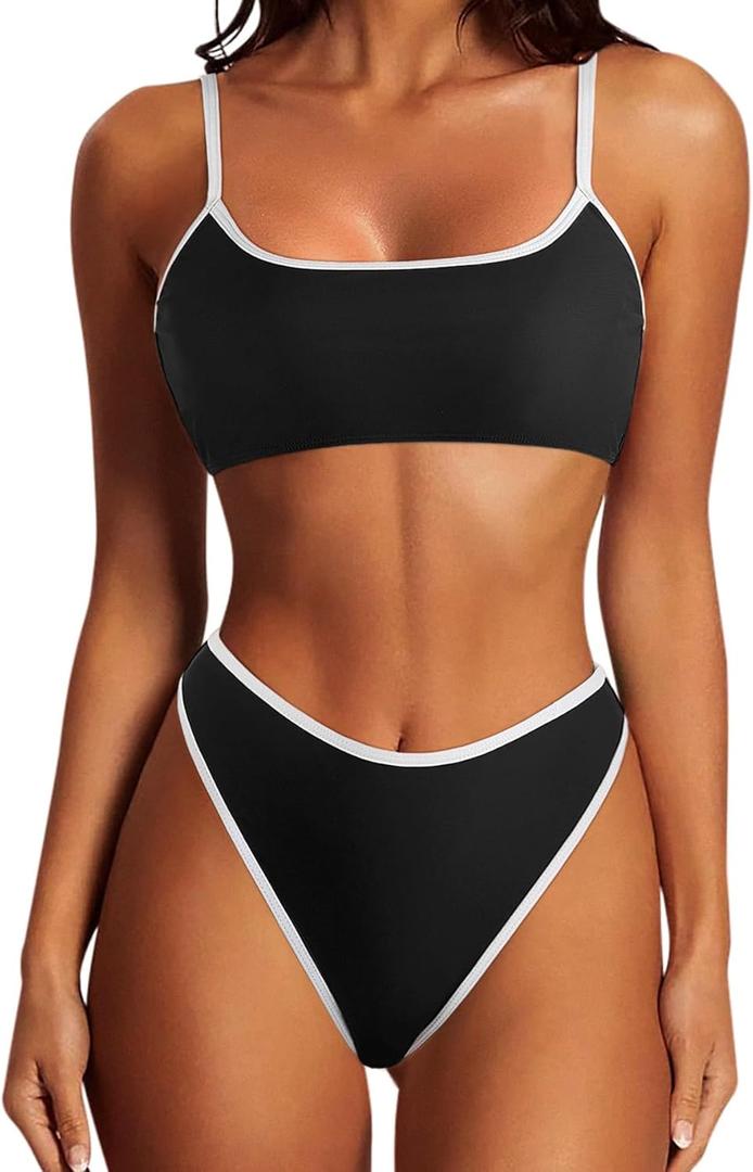 SUUKSESS Women High Waisted 2 Piece Bikini Set Cheeky High Cut Bandeau Swimsuit (Large,  Black White)