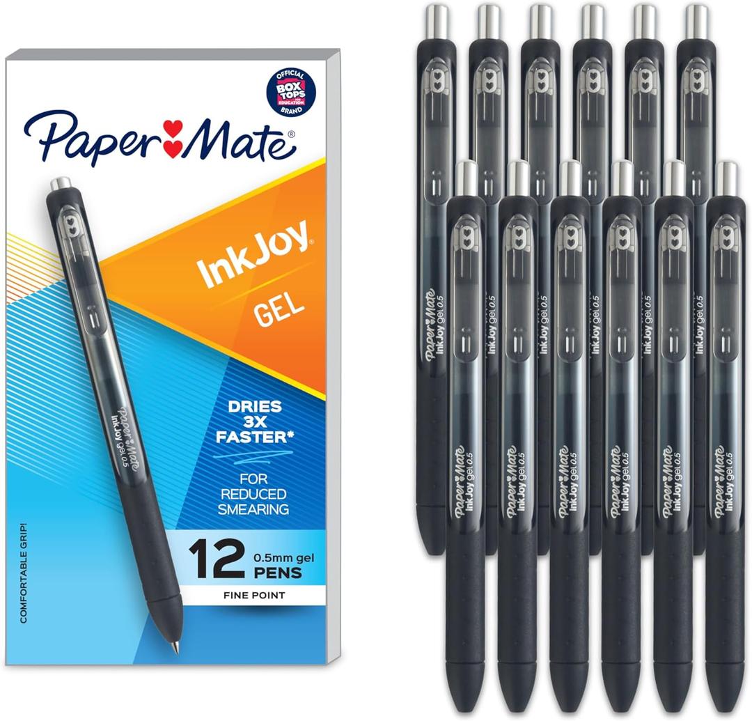 Paper Mate InkJoy Gel Pen Fine Point Black Ink Pens 0.5mm Fine Tip Ergonomic Comfort Grip Box of 12