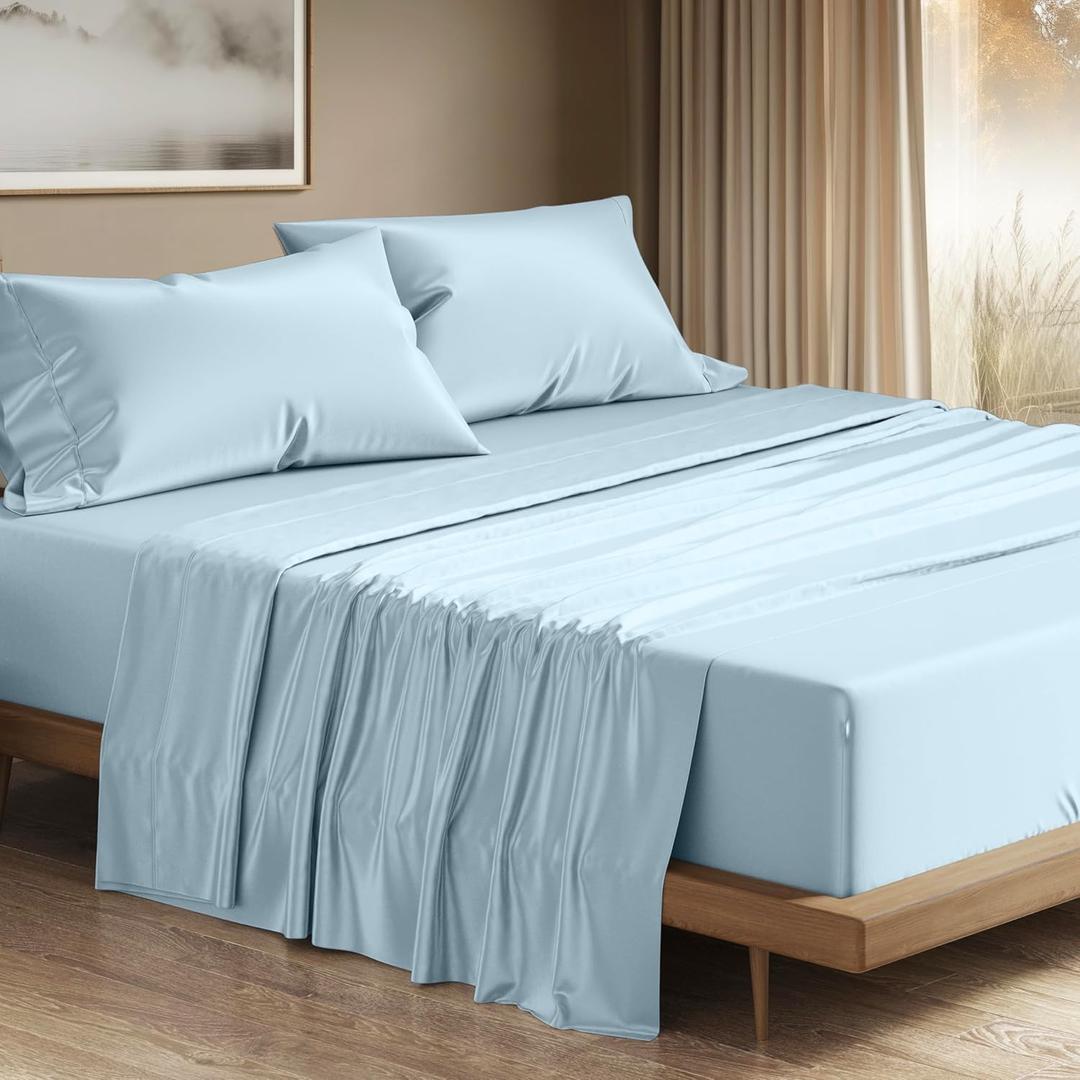 THREAD SPREAD 100% Egyptian Cotton King Size Sheets Set - Luxury 1200 Series Plush Collection Egyptian Cotton Sheets King Size (4 PC, Light Blue), Silky Soft, Cooling, 17" Deep Pocket Bed Set