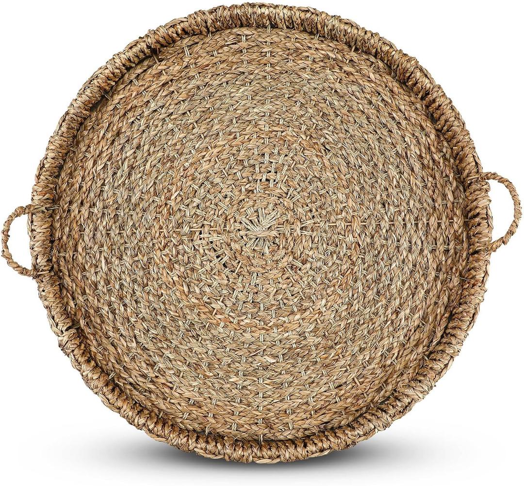 Large 27.6 Inches Rattan Round Serving Tray with Handles Round Braided Bankuan Basket with Handles for Decorative Coffee Table Fruit Bread