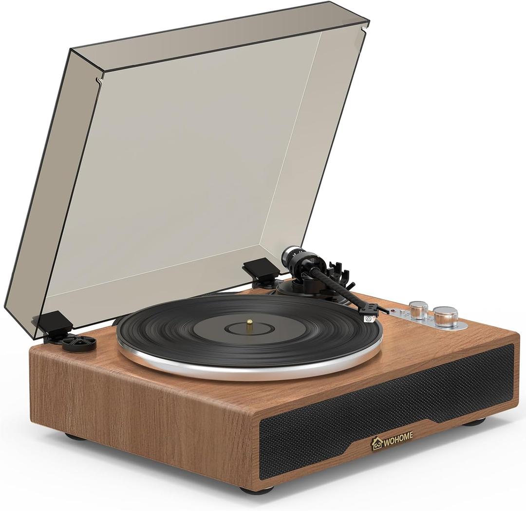Bluetooth Vinyl Record Player with Built-in Speakers, Wohome Belt-Driven Hi-Fi Vintage Turntable with Magnetic Cartridge, RCA Line Out AUX in Headphone Jack, Auto Off (Walnut)