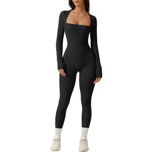 QINSEN Womens Sexy Square Neck Long Sleeve Full Length Leggings Bodycon Stretch Jumpsuit (Large, Black)