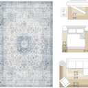 FMFUNCTEX 6x9 Blue Washable Area Rug Vintage Distressed Oriental Non Slip Low Pile Neutral Indoor Carpet for Living Room Bedroom Soft Retro Floral Thin Large Rug for Dining Nursery Office Dorm