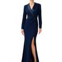 Adrianna Papell Women's Crepe Tuxedo Gown | Double Breasted Long Sleeve Formal Dress with Satin Collar & Leg Slit Size 8