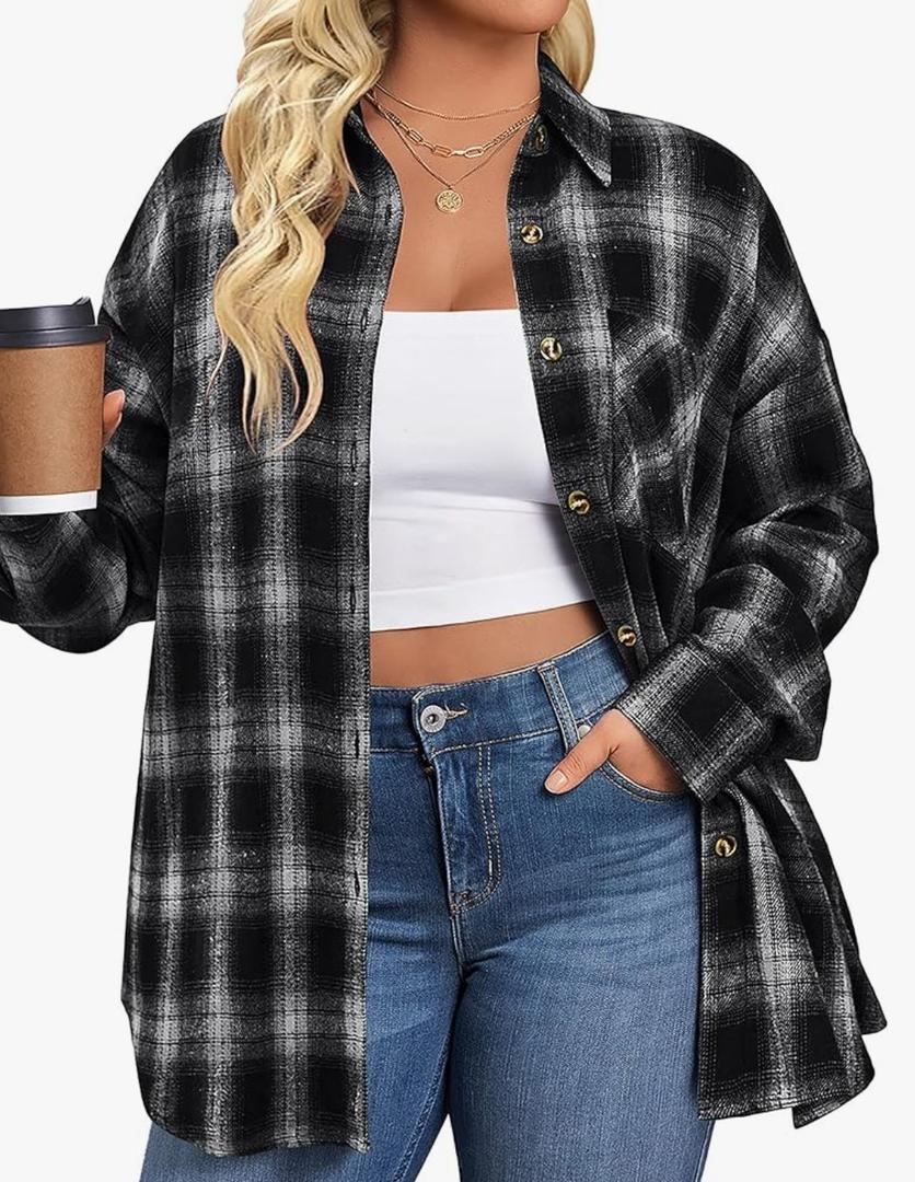 IN'VOLAND Womens Plus Size Flannel Plaid Shirts Long Sleeve Casual Collared Button Down Shirt Loose Blouse Top 24W 2 XL