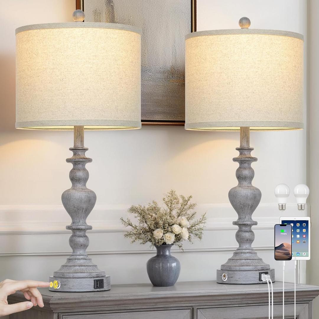 27" Tall Table Lamps for Living Room, 3-Way Dimmable Touch Control Farmhouse Vintage Table Lamps Set of 2 with USB C+A Ports and AC Outlets, Rustic Bedside Nightstand Lamp for Bedrooms Office Grey