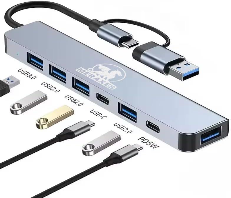 MERAXES 7-in-1 USB-C & USB Hub, Aluminum Multiport Adapter with USB-C, USB 3.0 & USB 2.0 Ports, Multi USB Docking Station for MacBook Pro/Air, iPad, Laptops & PCs