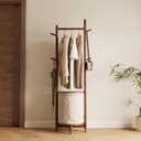 CycleCrew Solid Wood Coat Rack with Fabric Basket - Freestanding Coat Rack Rolling Coat Tree with 9 Hooks Wheels, Small Clothes Rack For Entryway Bedroom Hallway Living Room