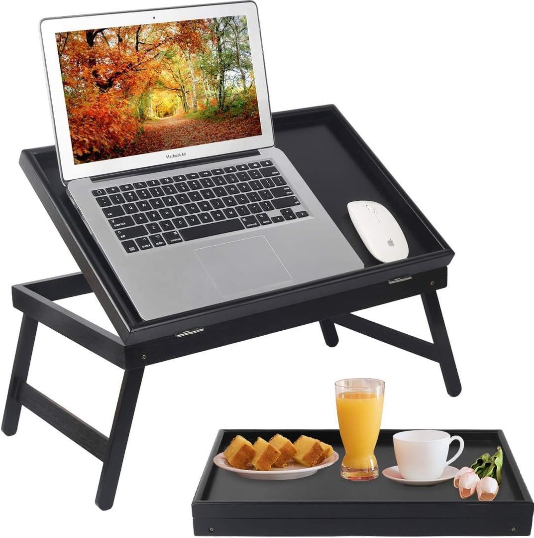 Artmeer Bed Tray Table Breakfast Food Tray with Folding Legs Kitchen Serving Tray for Lap Desks Notebook Computer Bed Platters TV Snack Tray, Adjustable (Black) (Large)